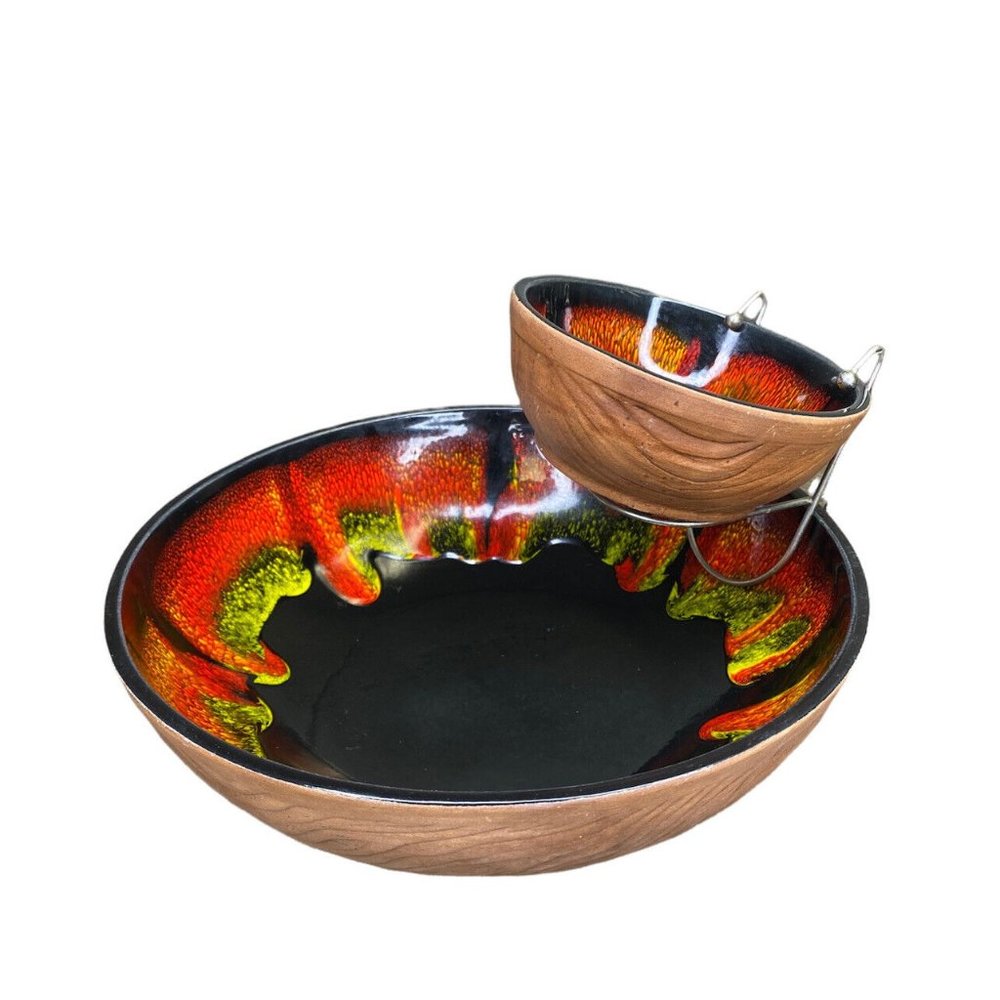 Vtg Sequoia Ware MCM California‎ Pottery Chip Dip Bowl Set Red Black Yellow 613